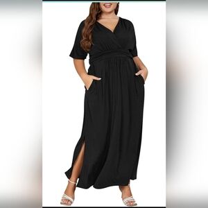 Chic Black Short Sleeve V-neck Maxi Dress with Pockets Women's Xl 16